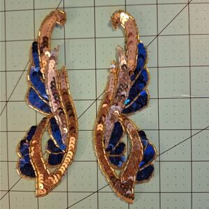 Blue gold silver sequin and bead appliques 2 mirror pairs